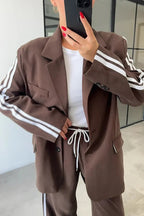 Levvie Striped Trim Long Sleeve Lapel Blazer and Rope Belt Pocketed Wide Leg Pants Set