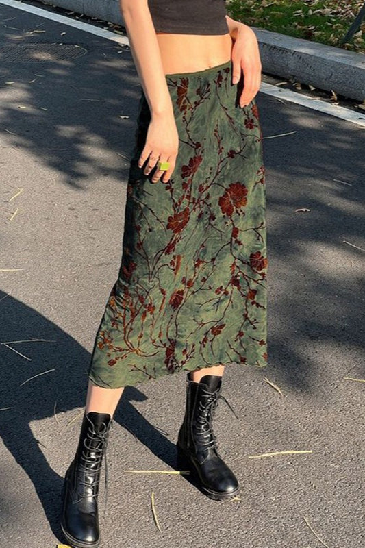 Floral Print Low Waist Color Block ALine Skirt