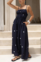 Polka Dot Print Spaghetti Strap Pleated Waist Casual Pocket Maxi Dress