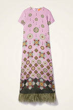 Lucia Satin Baroque Court Style Printed Short Sleeve Pocket Feather Trim Maxi Dress
