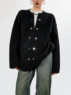 Ribbed Trim Oversized Button Zip Knit Cardigan