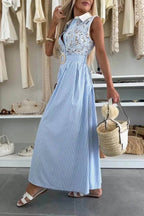 Retro Lace-Trimmed Splicing Striped Print Button-Down Maxi Dress