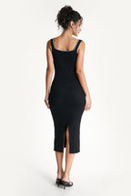 Black Faux-Pearl Trim Sweetheart Neck Knit Bodycon Midi Dress