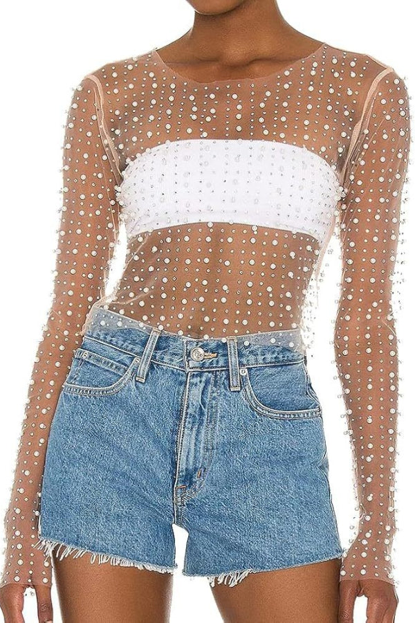 Pearl-Embellished Mesh Long-Sleeved Top