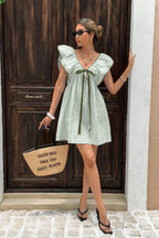 Striped V Neck Ruffle Flutter Sleeve Mini Dress