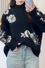 Turtleneck Loose-fitting Sequined Floral Pattern Long Sleeve Knitted Sweater