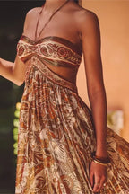 Strapless Lace Up Pleated Boho Dress