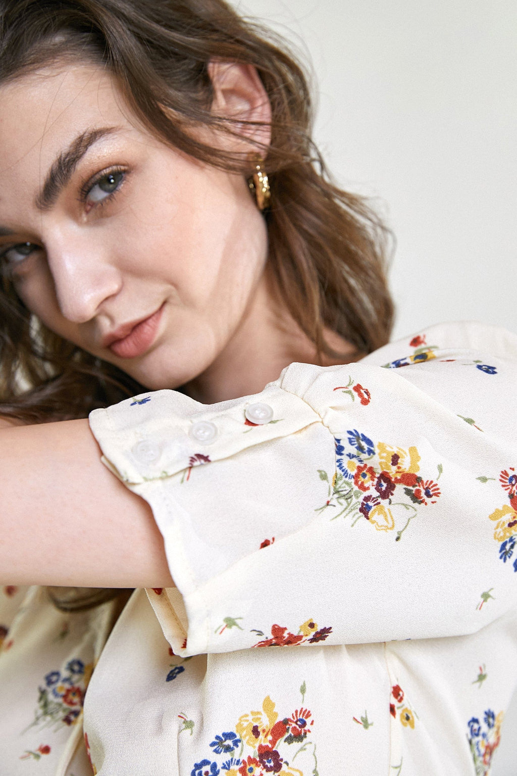 Ivory Floral Print Surplice V-Neck Tie Detail Blouse