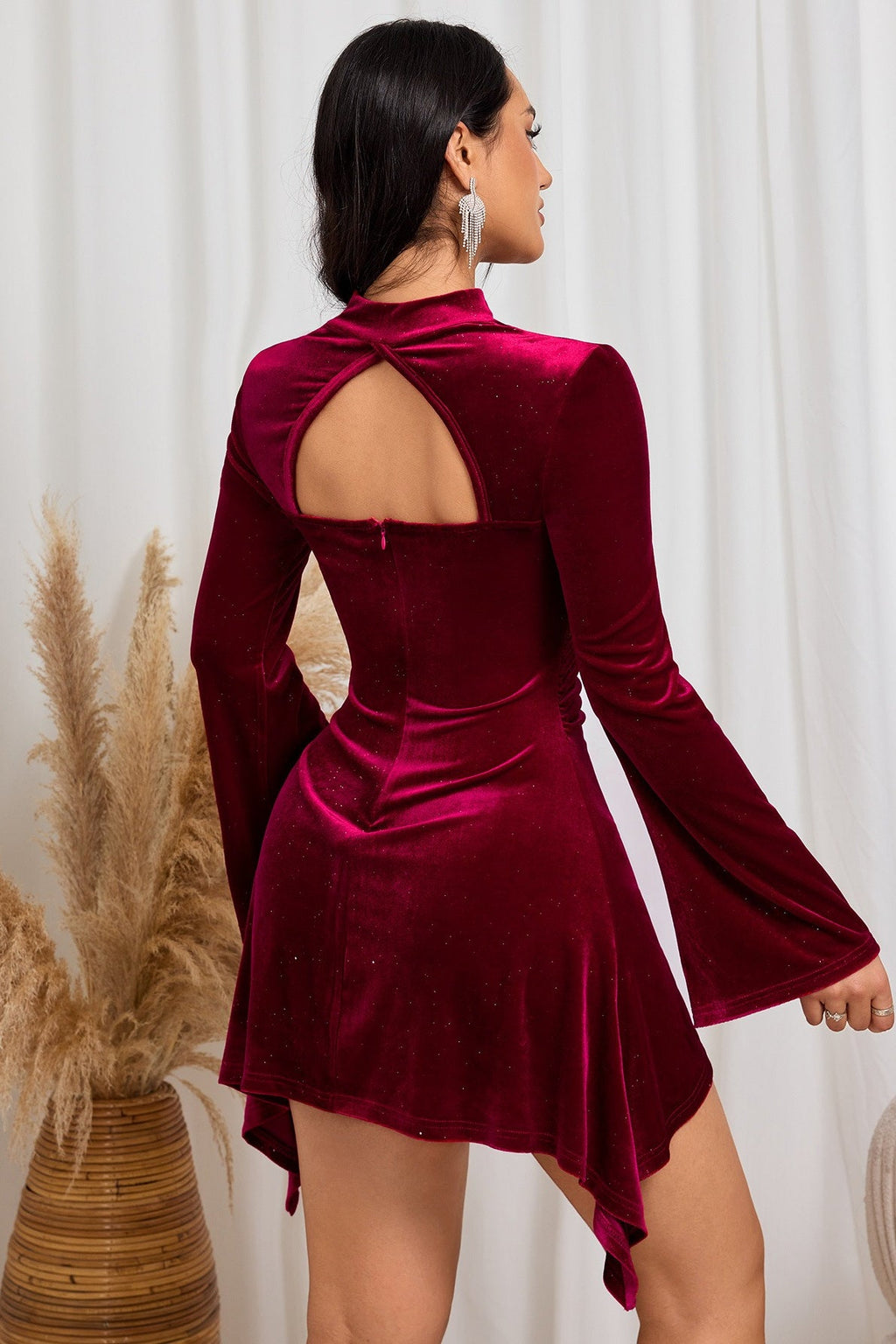 Ruched Silk Shiny Halter Asymmetric Mini Dress