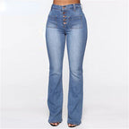 High Waist Elastic Jeans Women Button Washed Denim Pants Femme Pocke