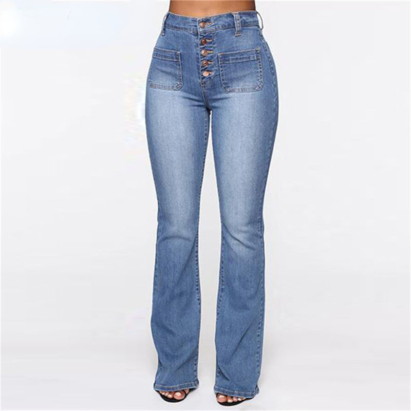 High Waist Elastic Jeans Women Button Washed Denim Pants Femme Pocke
