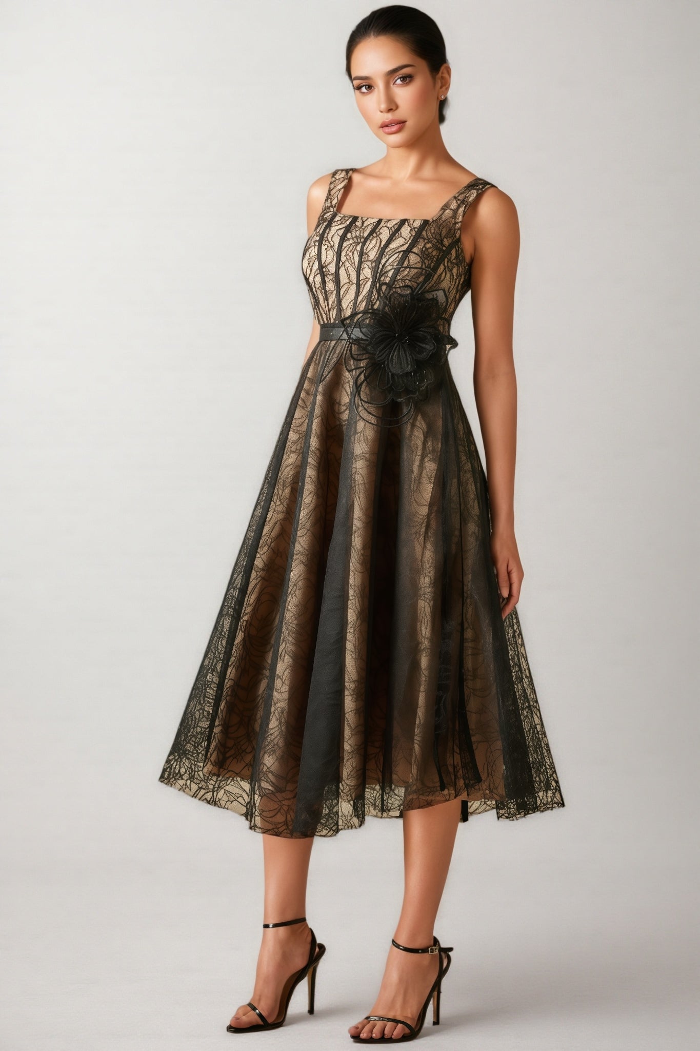 Eloise Floral Applique Lace Overlay Midi Dress