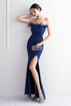 Elegant Feather Trim Strapless Formal Dress