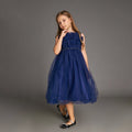 Kids Girls Midnight Blue Strapless Ruffled Pearl-Embellished Tulle Maxi Party Dress