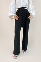 Black Contrast Strap Detail Wide Leg Work Pants