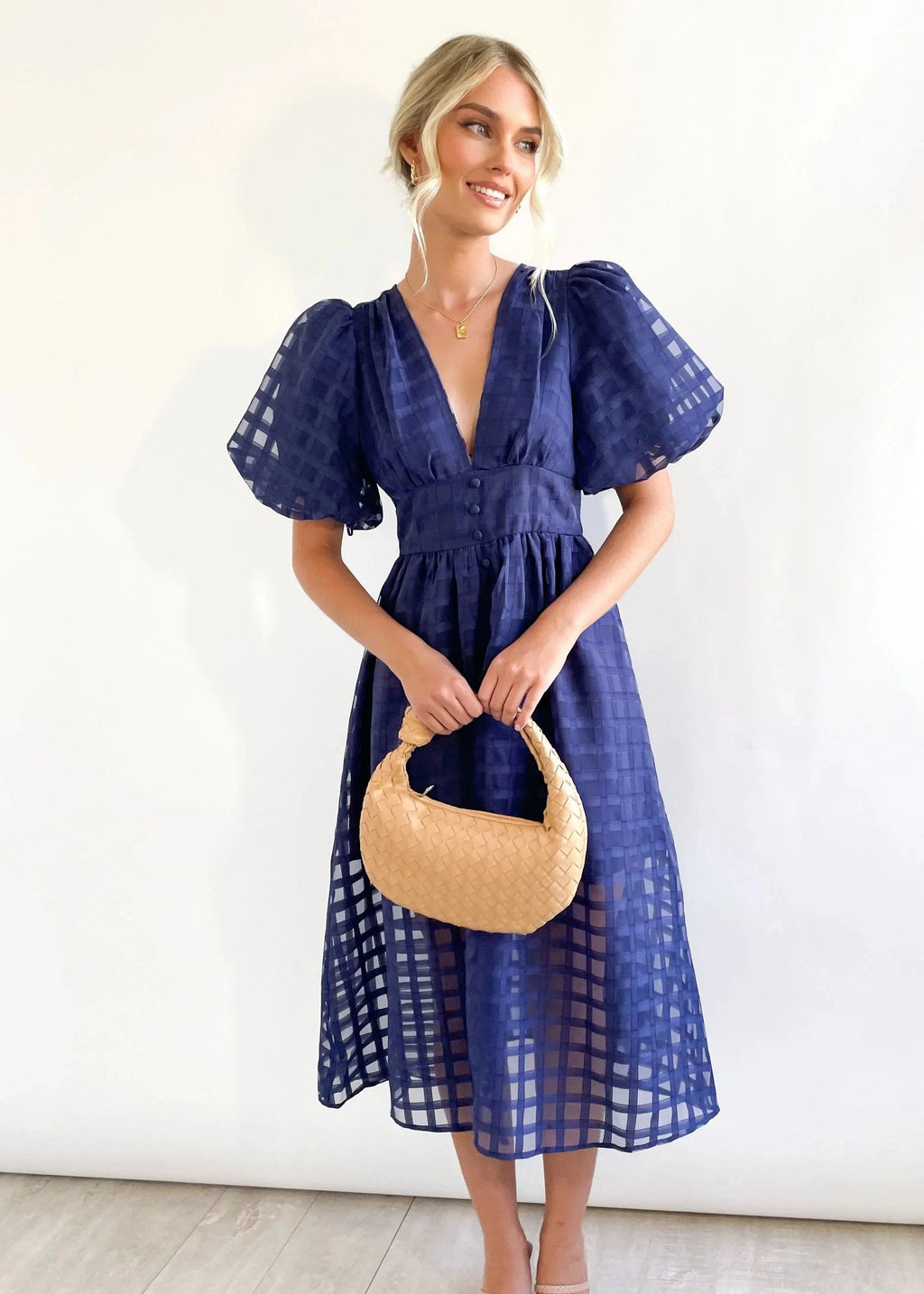 Beautiful square pattern fabric puff sleeve midi