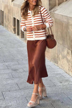 Caramel brown and white striped Chanel style knitted cardigan