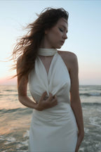 Satin V-Neck Halter Backless Maxi Party Dress