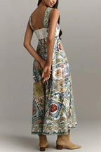 Sea Calling Linen Blend Unique Print Scalloped Detail Back Smocked Pocket Maxi Dress