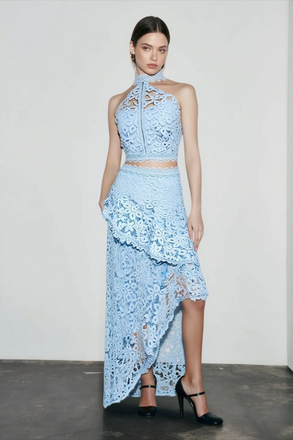 Halter strapless lace asymmetric hem vacation set