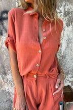 Linen Blend Solid Color Button Lapel Short Sleeve Shirt and Casual Pocket Shorts Set