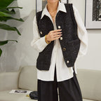 Black Crew Neck Frayed Trim Button-Up  Tweed Vest