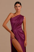 One Shoulder Slit Satin Evening Wrap Dress