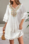 Tassel Pom Pom Ruffle Sleeve Lace Detail Boho Dress
