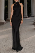 Backless Satin Solid Silk Dress