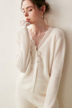 Cashmere Lace-Trimmed V-Neck Knit Cardigan
