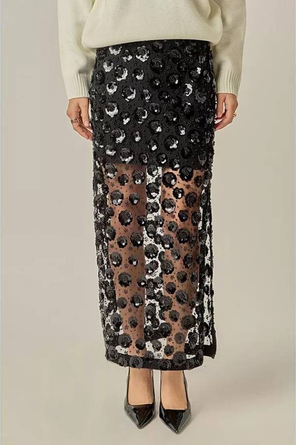 Women's Flower Sequin Sheer Midi Skirt