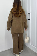 Solid Color Loose Long-sleeved Knit Top and Elastic Waist Casual Straight Leg Pants Set