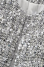 Solid Crew Neck Sequin Tweed Jacket