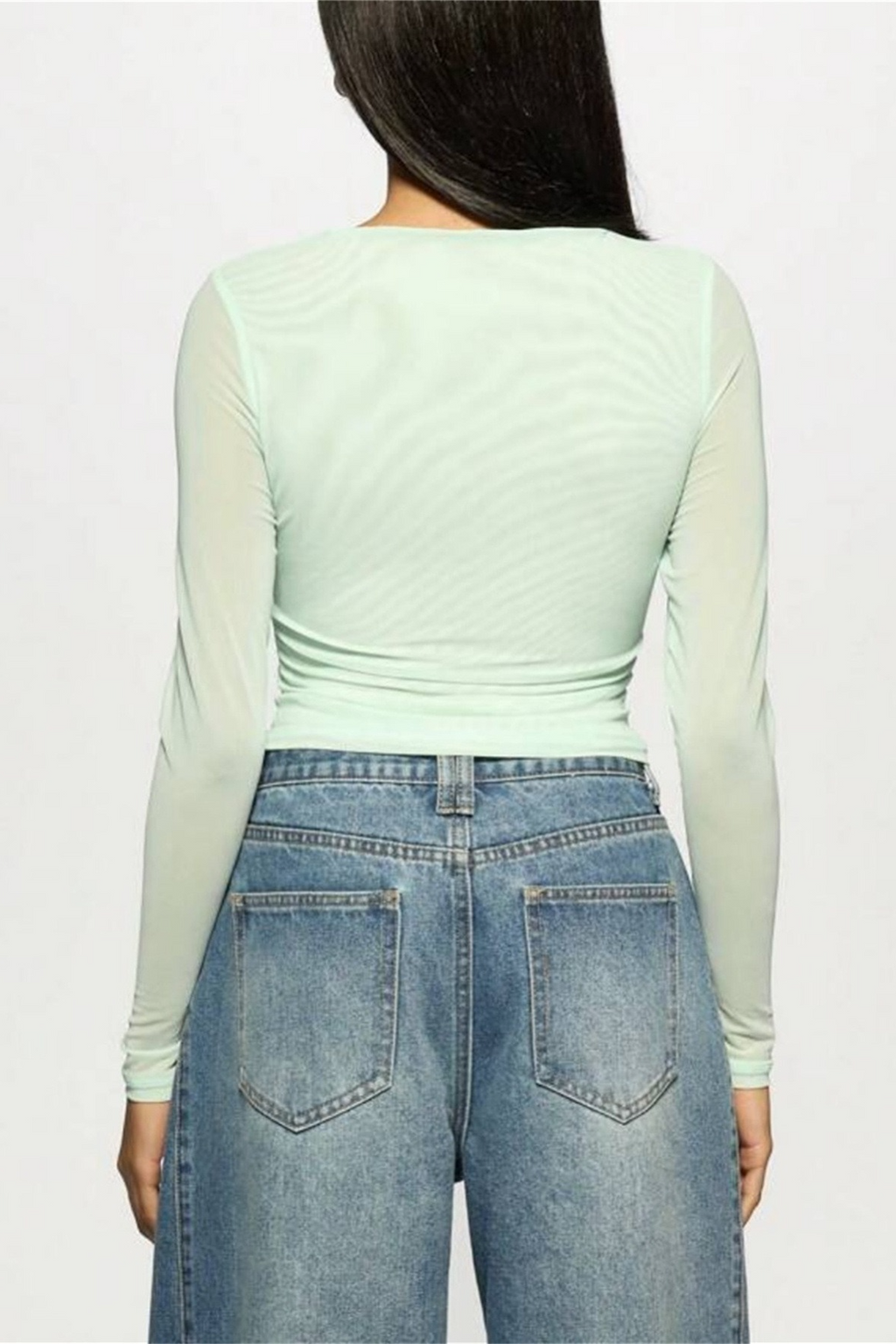 Printed Slim Mesh Sheer Cutout Long Sleeve Crop Top