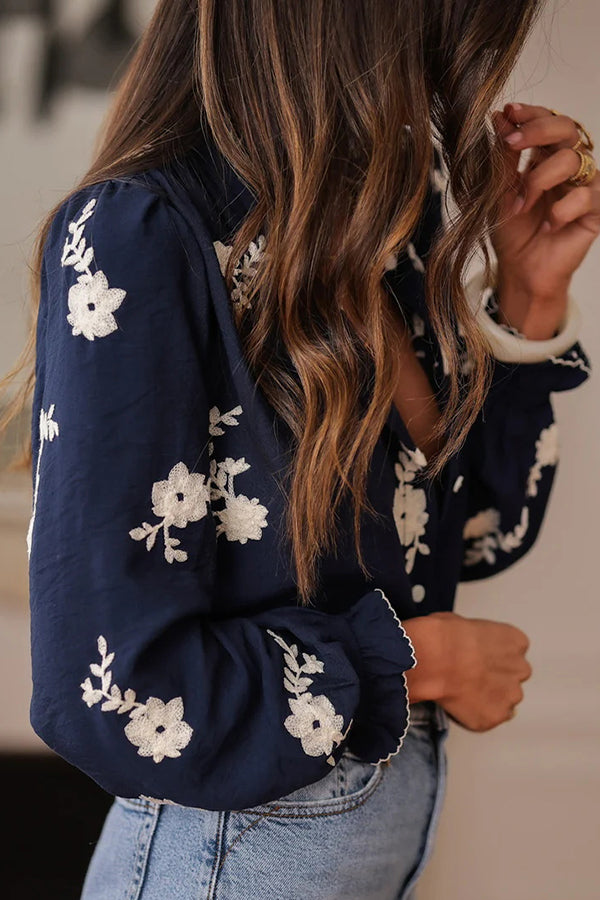 Floral Embroidery Long-Sleeved Button-Up Elegant Shirt