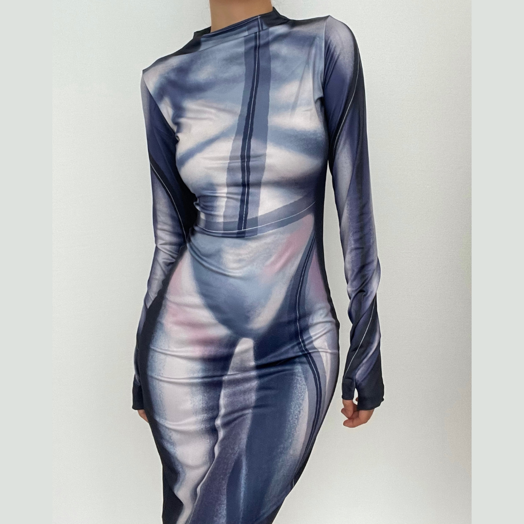 Contrast print slit long sleeve gloves high neck maxi dress
