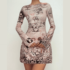 Long sleeve crewneck print drawstring ruched mini dress