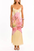 Floral Print Fashion Sequined Spaghetti Strap Backless Slim Fit Vacation Maxi Dress