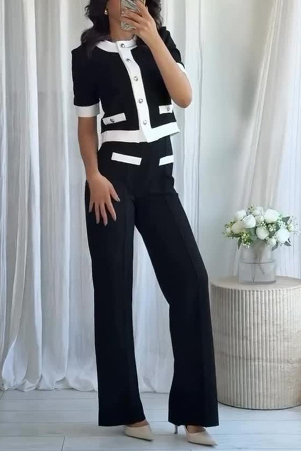 Fashion Contrast Color Stretch High Waist Casual Straight Pants