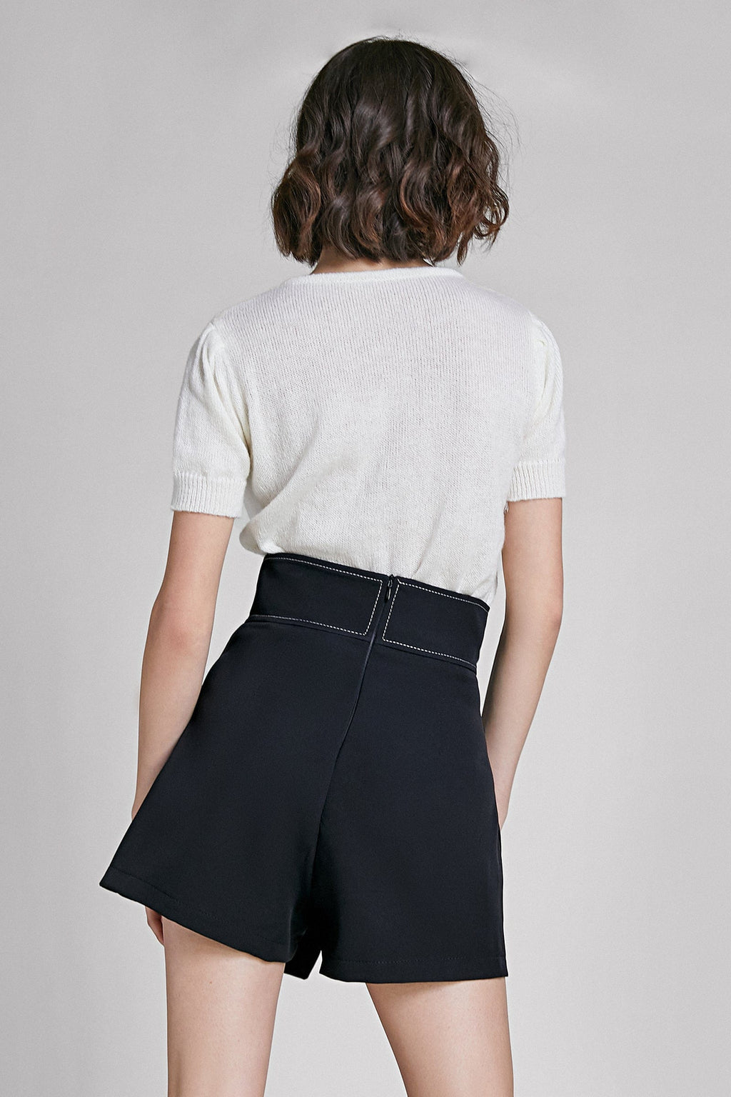 Black Stitching Detail Faux-Wrap Shorts