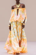 Gorgeous 70s Dream Tie-dye Print Off Shoulder Braid Cutout Detail Drape Maxi Dress