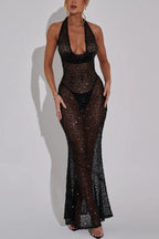 Shine All Night Sheer Sequin Cowl Neck Halter Maxi Dress
