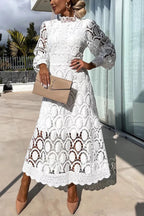 Francisca Premium Romantic, Sensual and Party Midi Dress with Crochet Lace and Lantern Sleeves Chic Silhouette Collection