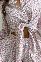 Floral Long Sleeve Lapel Ruffle Shorts Two Piece Set