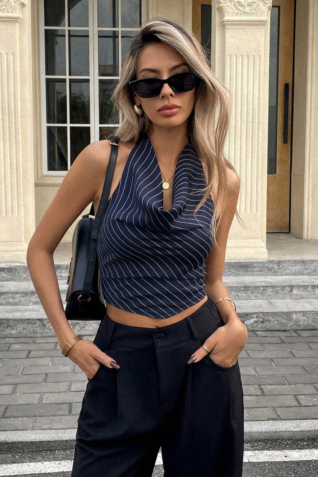 Elegant Stripe Halter Sleeveless Backless Draped Crop Top