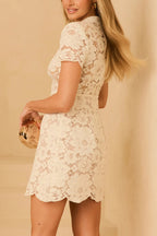 Special Occasion Floral Lace Wavy Trim Short Sleeve High Rise Mini Dress