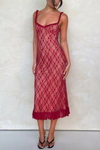 Stylish Plaid Camisole Lace Slim-fit Elegant Midi Dress