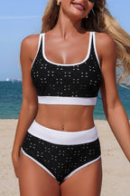 Stylish Color-blocked High-waisted Stretch Two-piece Bikini Swimsuit