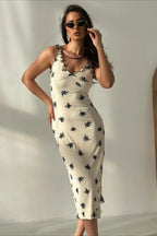 V-Neck Bow-Detail Spaghetti Strap Fitted Bodycon Maxi Dress