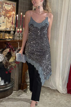 Soraia Velvet Sequin Lace Trim Irregular Hem Slip Mini Dress